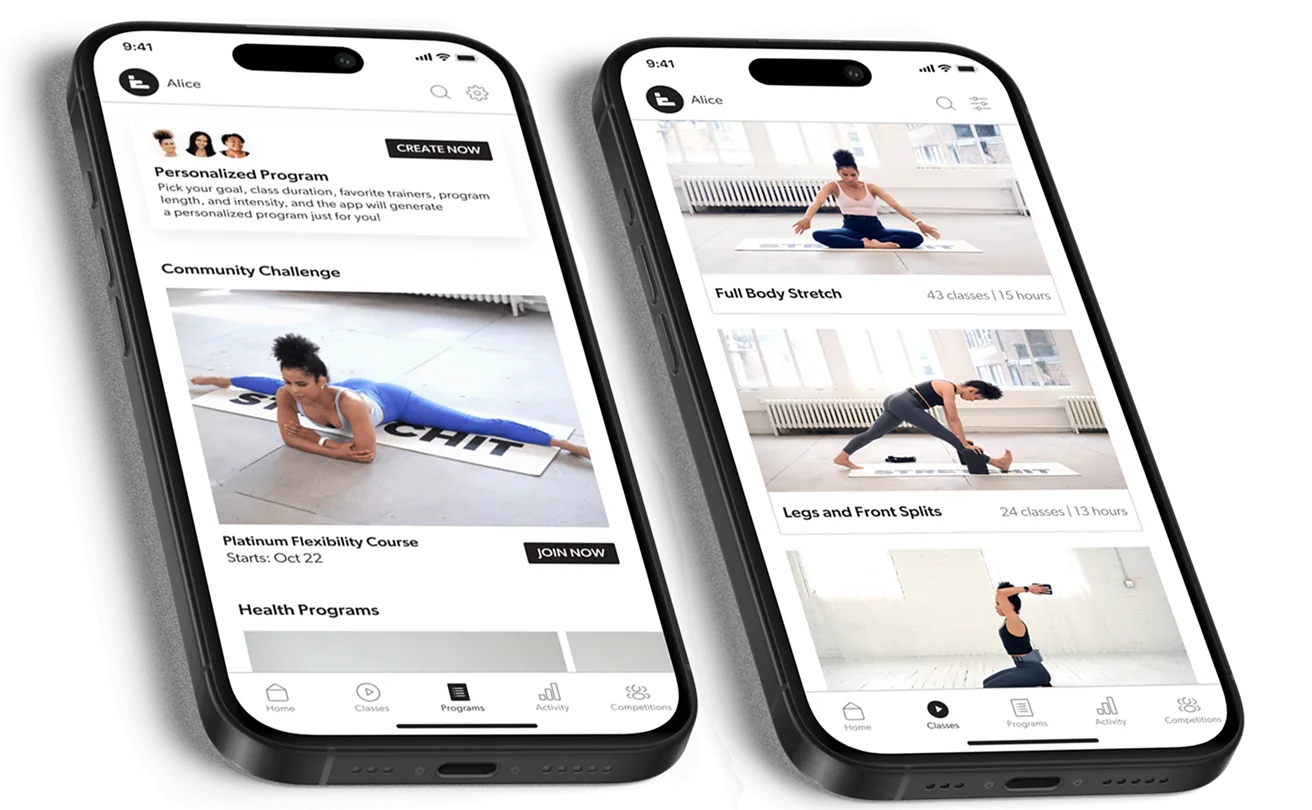 STRETCHIT app screens: personalized program and class list